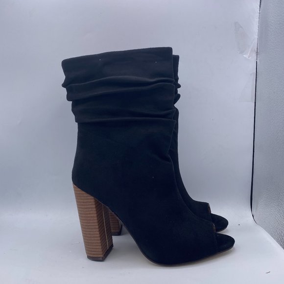 FSJ Black Stylish Peep Toe Slouch Chunky Stacked Heels Ankle Boots - Picture 5 of 13